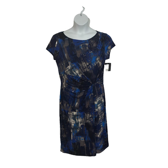 NWT-Size 14 blue multi colored short sleeve knee length lined dress - Picture 1 of 5